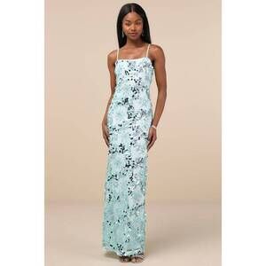 Lulus Esben Light Blue Mesh Sequin Mermaid Maxi Dress - Size S Never Worn